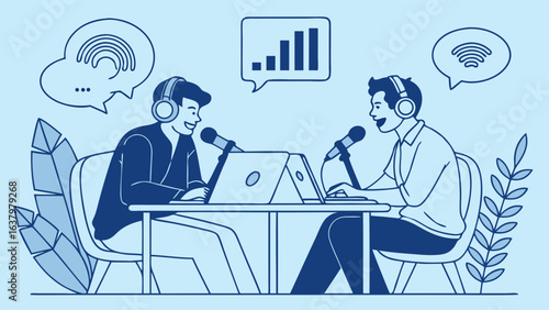 Two People Recording a Podcast with Microphones and Headphones.