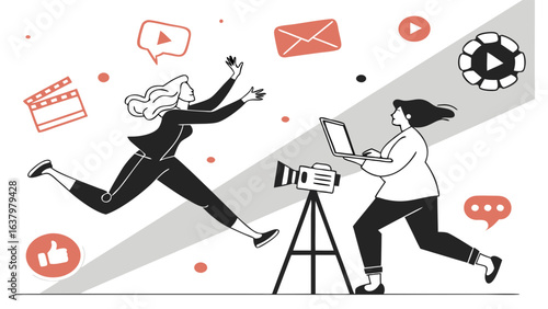 Two women creating video content with camera laptop and social media icons.