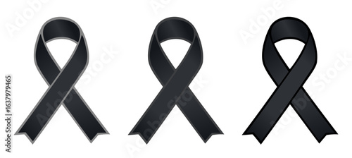 Set of three black awareness ribbons representing mourning, melanoma cancer, anti-violence, gang prevention and other campaigns, flat vector on transparent background