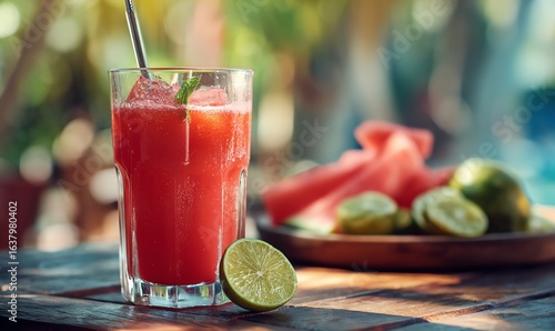 Wallpaper Mural Watermelon Lime Juice with Mint on a Sunlit Rustic Table Torontodigital.ca