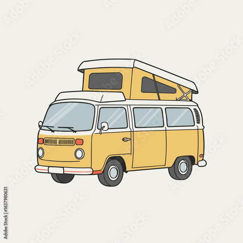 Retro camper van illustration. Vintage minivan with a pop-top roof for a summer road trip and camping adventure.