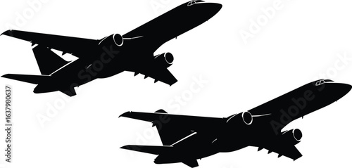Two jet airplanes flying in formation silhouette