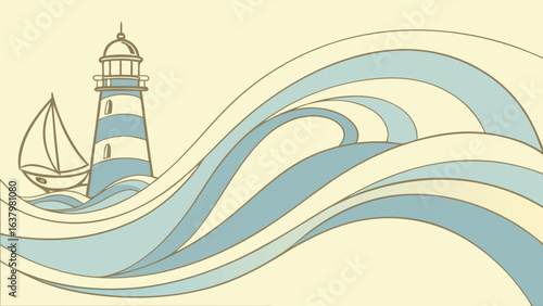 Stylized lighthouse and sailboat on wavy sea, a decorative pattern in beige and blue colors, isolated on white background
