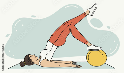 Woman practicing advanced yoga pose on a mat with a yellow exercise ball nearby. Flat vector illustration on a light abstract background. Concept of fitness and flexibility   