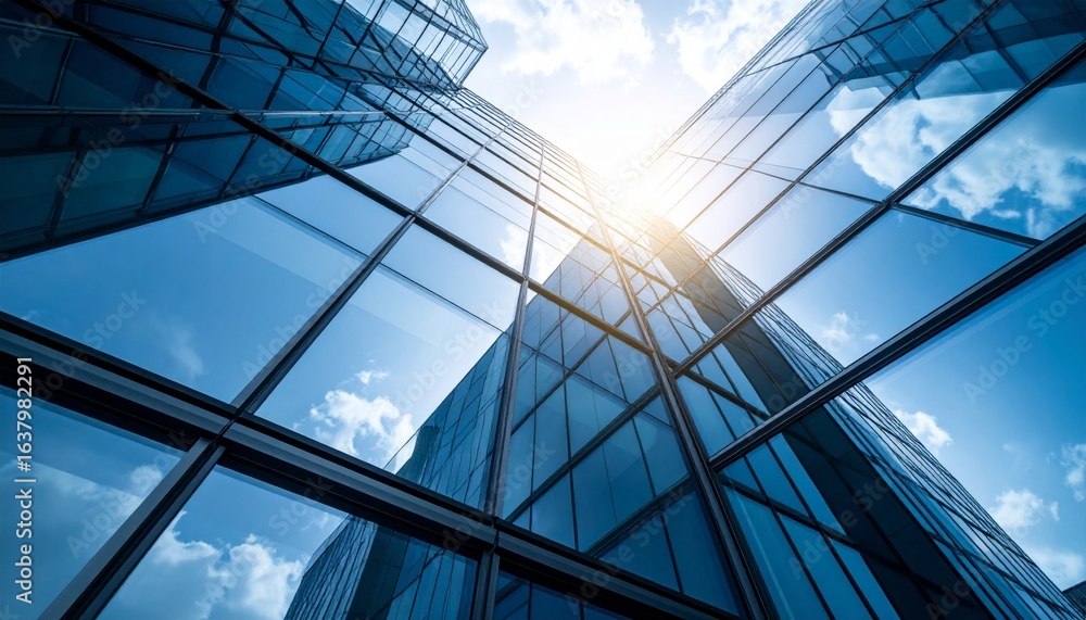Obraz premium A stunning view of a modern glass building reaching towards the sky, reflecting sunlight and clouds in a clear blue atmosphere.