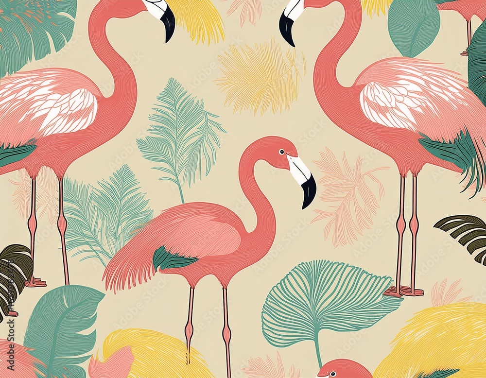 Fototapeta premium cream background seamless pattern featuring pastel flamingo silhouettes mustard and seafoam accents tropical pattern whimsical