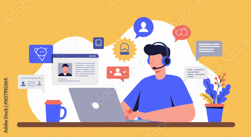 Flat Illustration of Customer Service Support Agent with Modern Communication Elements