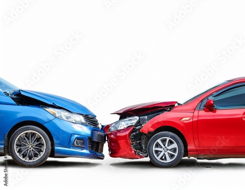 red and blue car accident crash collision isolated on white background with copy space for design
