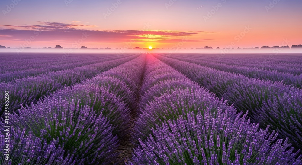 Obraz premium Lavender field sunrise provence france landscape beautiful morning nature summer travel aroma