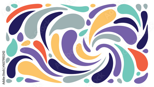 Colorful abstract pattern of teardrop shapes arranged in a swirling vortex design on white background