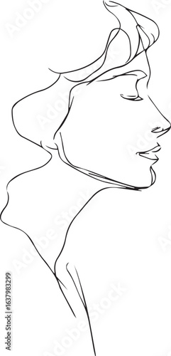 Minimalistic One Line Drawing of Woman's Profile, Elegant Black Line Art on White Background, None Concept