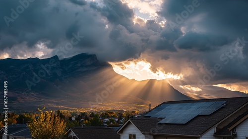 A photo capturing the golden rays of the sun shining through a cloudy sky as it sets over a majestic mountain range.Solar panels on suburban house roof, saving energy, under blue.