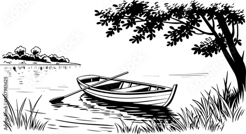 Vintage Woodcut of a Rowboat on a Lake Shore