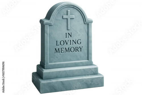 Weathered gravestone featuring engraved cross, in loving memory text, transparent backdrop highlighting memorial symbolism