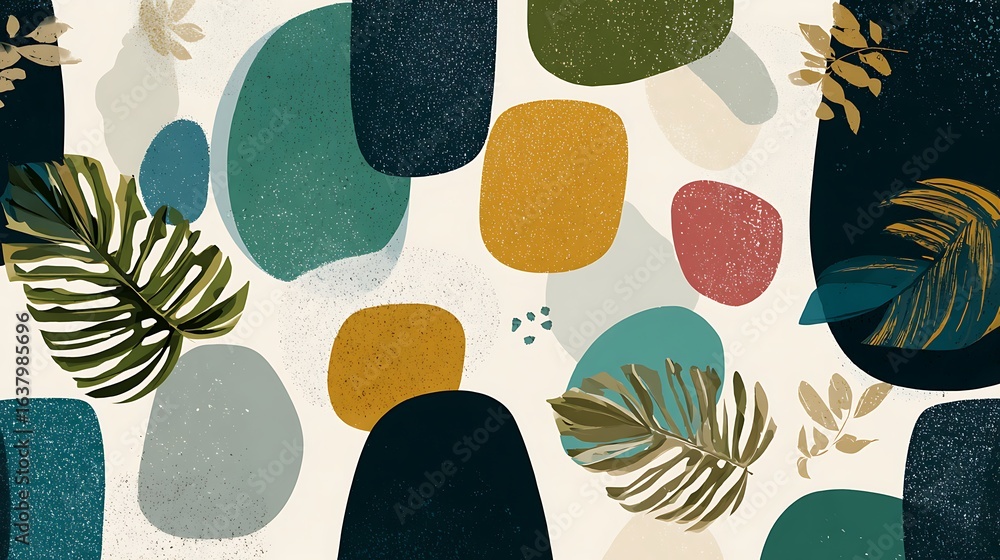 Abstract geometric, natural shapes in minimal nordic style. Modern seamless pattern with tropical leaves, geo elements for minimalist art print, textile, boho wallpaper decor. 2d. Abstract geometric, natural shapes in minimal nordic style. Modern seamless pattern with tropical leaves, geo elements for minimalist art print, textile, boho wallpaper decor. 2d.
