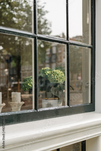 Canvas Print view from window of a house, flower pot, Amsterdam