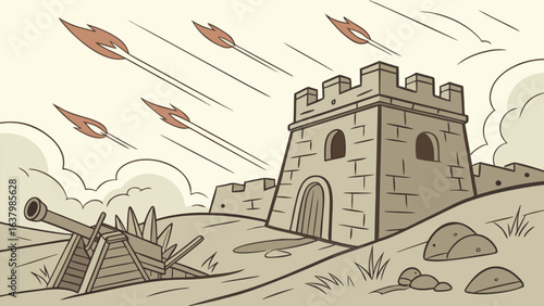 Illustration of a fortified castle under attack with flaming arrows and a cannon on the ground level