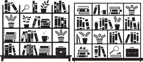 Two black silhouette bookshelves filled with books plants and briefcase bookshelf magnifying glass