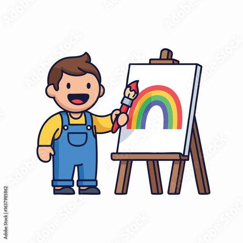 Cartoon vector illustration of a smiling little boy painting and playing with a toy
