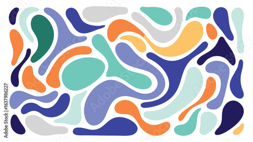 Abstract pattern featuring a variety of organic shapes in multiple colors on a white background