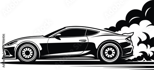 Sports Car Drift Illustration, Black and White Racing Vehicle Artwork.
