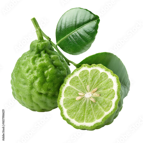  Bergamot Citrus Freshness: An exquisite capture of fresh bergamot citrus fruit, showcasing its unique texture and vibrant color, with a cross-section revealing its juicy interior.