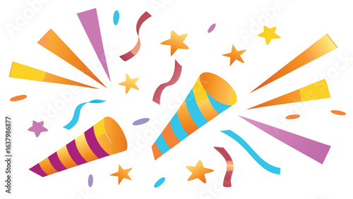 Illustration of party poppers with confetti and star shapes for a festive celebration scene design