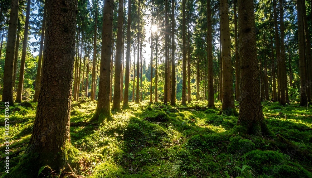 Sunlit forest floor covered in moss, tall trees casting shadows Sunlit forest floor covered in moss, tall trees casting shadows