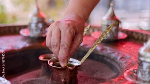 Traditional Turkish Coffee Brewing in Hot Sand at Sirince, Turkey – Slow Motion Footage