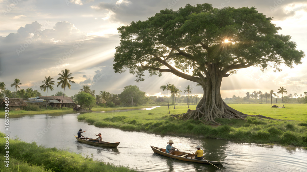 Naklejka premium Ancient Banyan Tree by Riverside Village