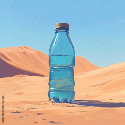 bottle of water in the desert, color vector
