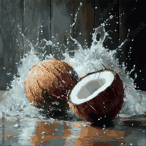 cut coconut fruit, splashes, color image
