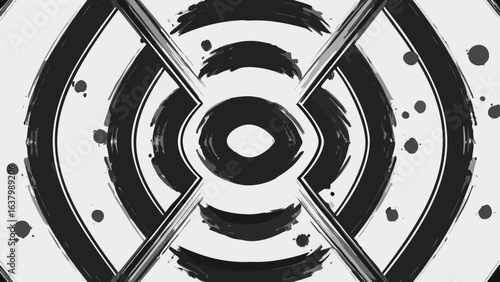 Abstract monochrome design featuring concentric circles intersected by diagonal lines and paint splatters