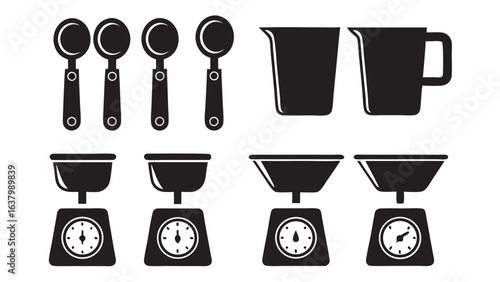 Illustration of four spoons two measuring cups and four kitchen scales in black and white color scheme |  editable eps vectors silhouette