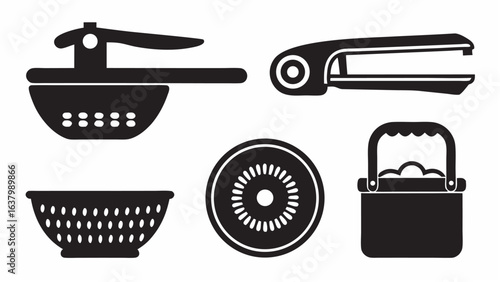 Illustration of a potato masher hair curler colander kiwi slice and a bucket with eggs inside it |  editable eps vectors silhouette