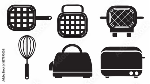 Illustration showing various kitchen appliances including waffle irons toasters and a whisk tool |  editable eps vectors silhouette