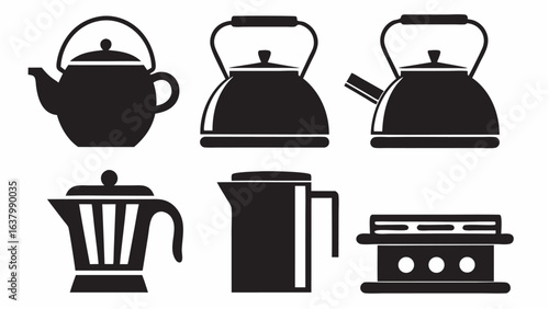 Collection of six black and white kitchenware items including teapots and a coffee maker design |  editable eps vectors silhouette