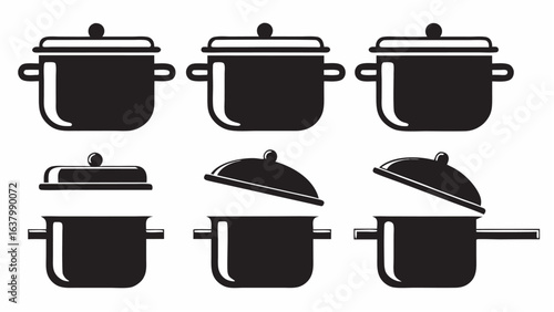 Illustration of six black cooking pots with lids in various open and closed configurations shown clearly |  editable eps vectors silhouette