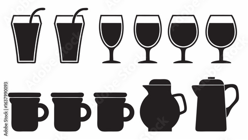 Illustration of various drinkware including glasses mugs and pitchers in a simple black and white style |  editable eps vectors silhouette