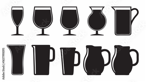 A collection of ten different black and white glass and pitcher silhouettes arranged in two rows |  editable eps vectors