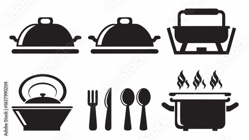 Illustration of various kitchenware items including pots pans and cutlery in black and white style |  editable eps vectors silhouette