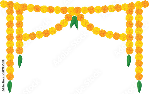Traditional marigold flower garland toran vector illustration with mango leaves, perfect for Indian Hindu wedding, Diwali, and festival decoration, floral border ornament design for celebration themes
