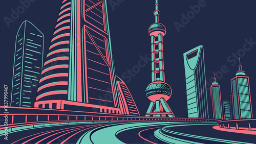 Illustration of a futuristic city skyline with tall buildings and a winding road in the foreground