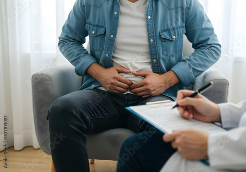 Male patient with abdominal pain consulting doctor in medical office examination