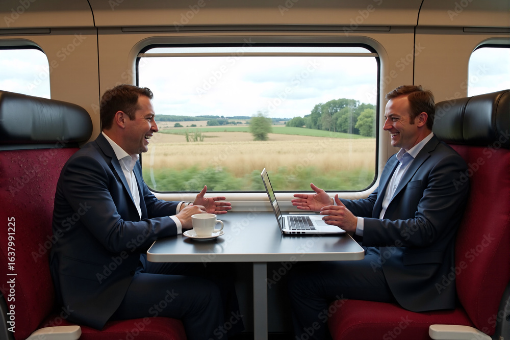 Fototapeta premium Two professional businessmen in suits conduct a meeting with a laptop on a high-speed train, talking and gesturing while traveling through a scenic countryside