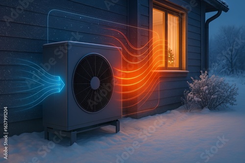 Heat pump unit in winter snow showing thermal energy flow visualization patterns