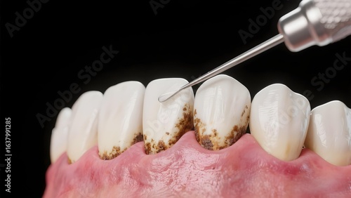Close up of dental tool cleaning tartar and plaque from teeth and gums during oral hygiene procedure