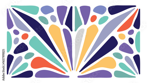 Abstract design featuring an array of colorful shapes arranged in a symmetrical pattern on white