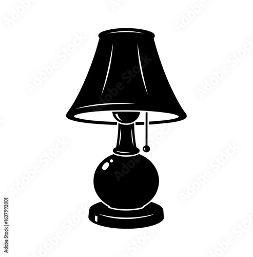 Classic black silhouette of a traditional table lamp with a conical lampshade and pull chain