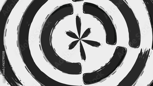 Abstract black and white circular design with brush stroke effect and central floral element artful style